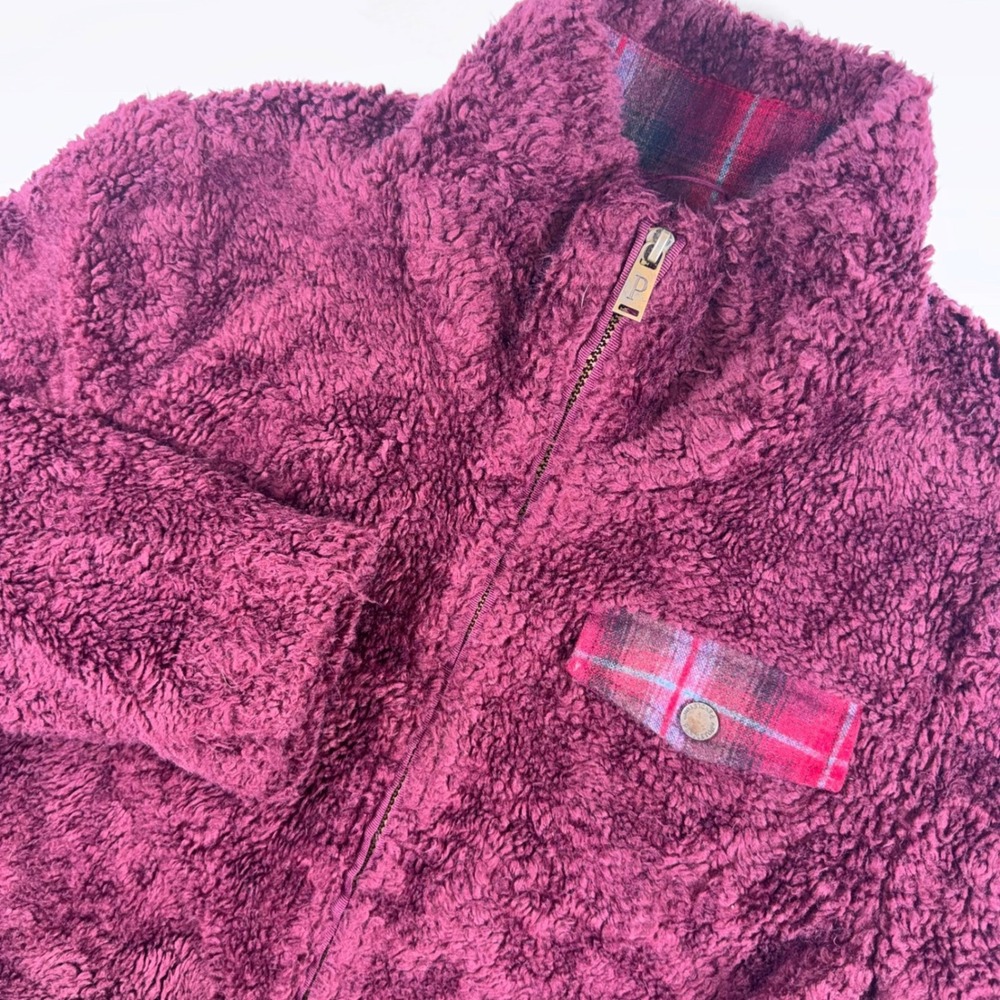 Pendleton Sherpa Fleece Jacket Womens Medium Burgundy Plaid Trim Full Zip Mock